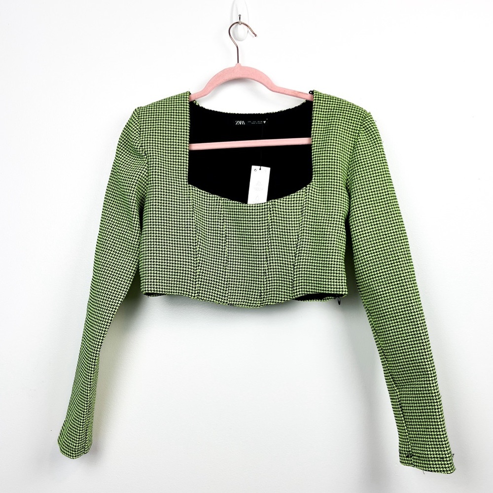 Zara Green and Black Checkered Crop Top